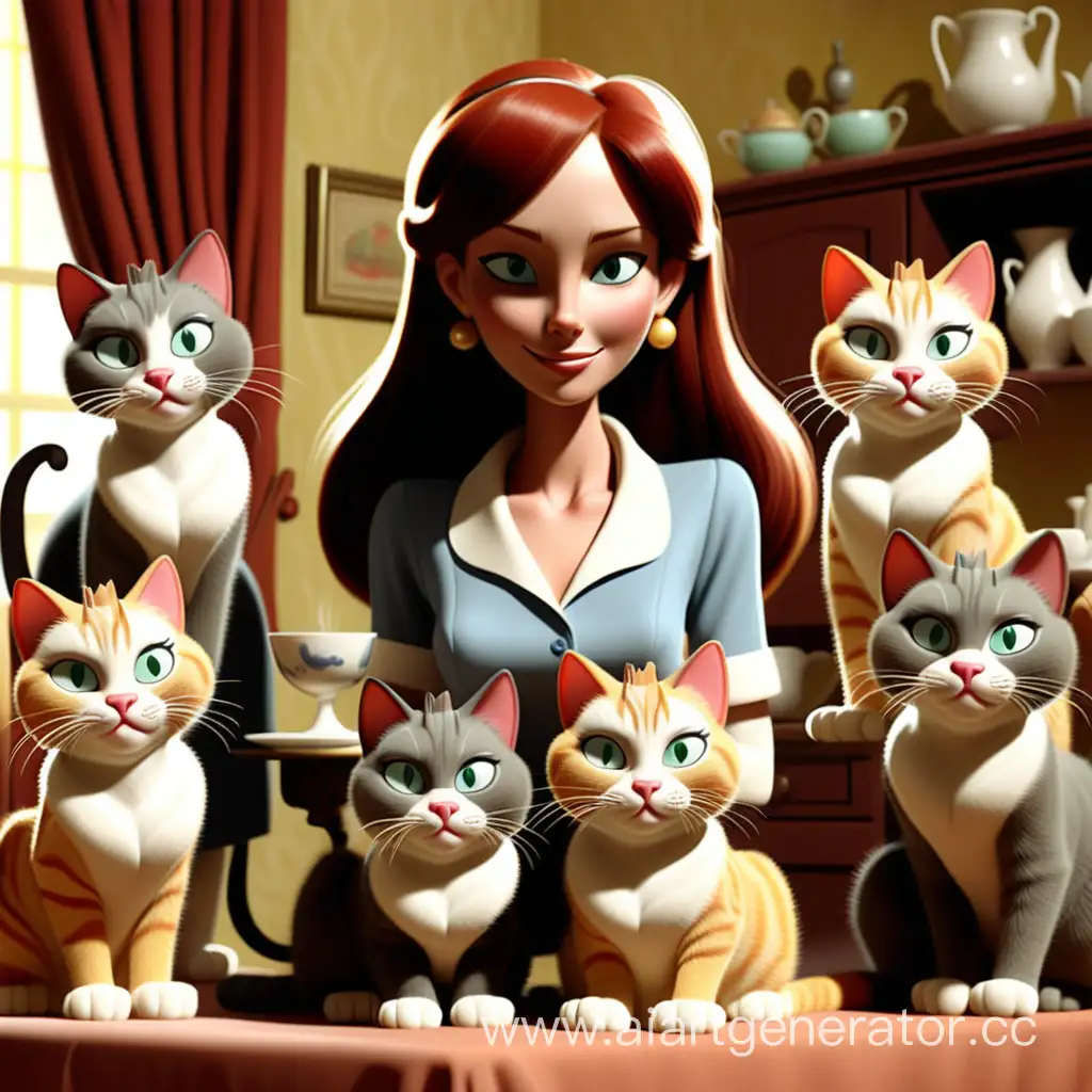 Женщина хозяйка, шесть котов в домашней обстановке, анимация dream works