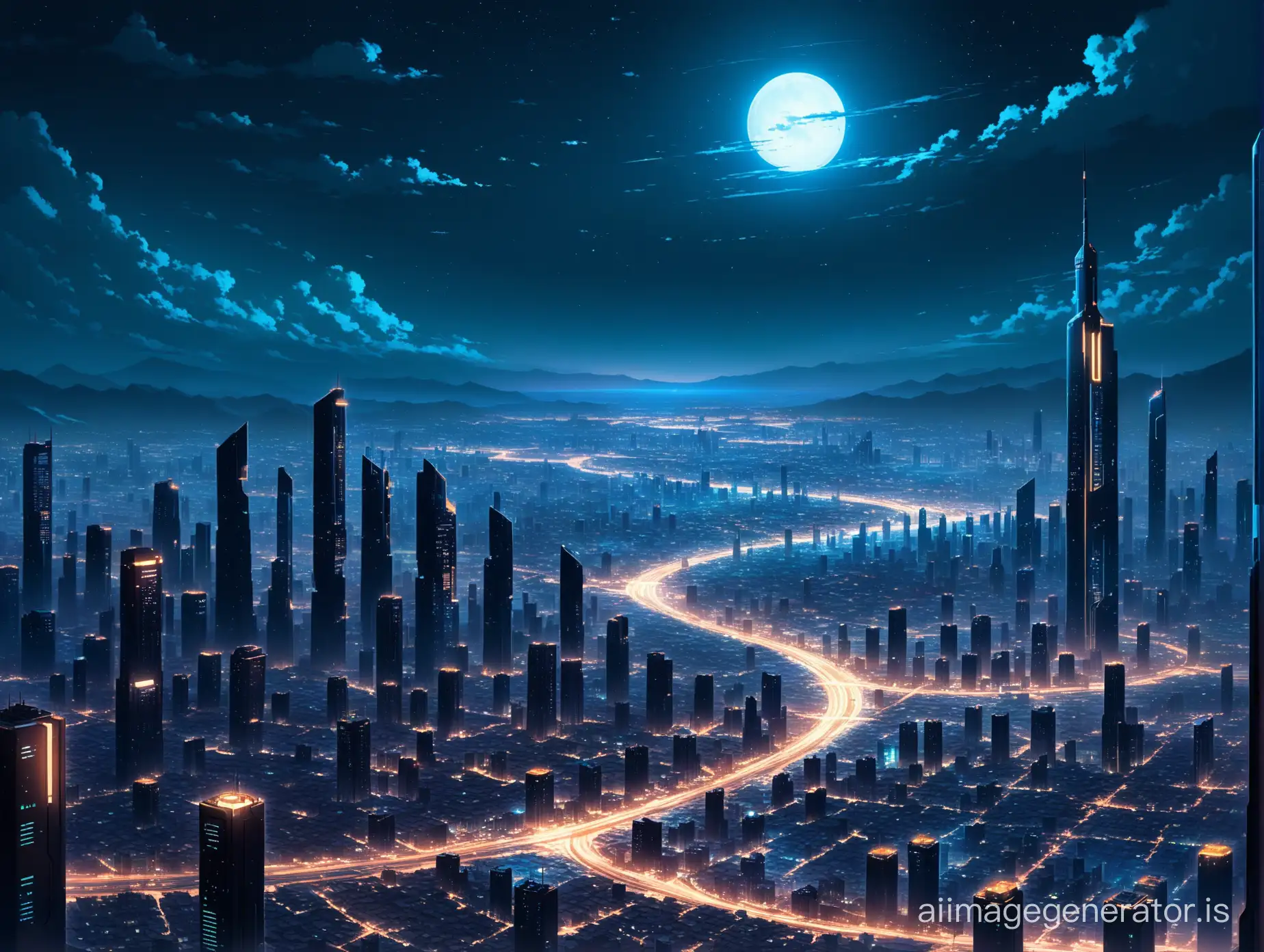 A futuristic cityscape at night. Some buildings are perfect, and some are broken. The city is in Africa. The sky fades to black at the top.