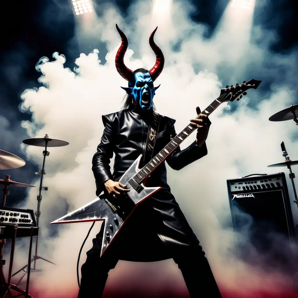 The image was created with a professional mirror camera, processed in a graphics program with intense colors. A musical scene showing a priest with devil horns playing an electric guitar, performing Metallica's music. There is also a stand with a microphone and drums on the stage, and the atmosphere is complemented by thick smoke, creating a dynamic and intense composition.