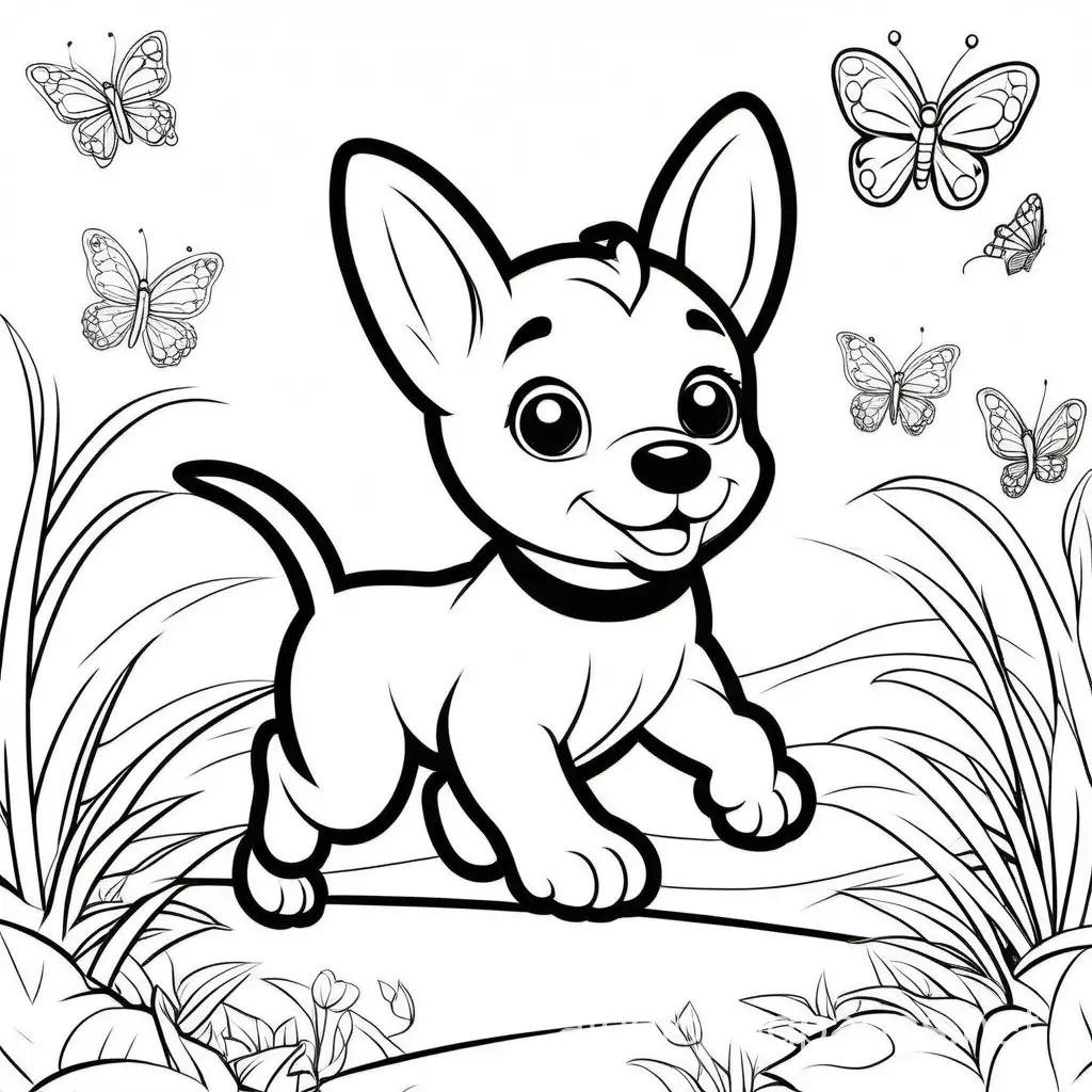 Create cute puppy chasing butterfly, Coloring Page, black and white, line art, white background, Simplicity, Ample White Space. The background of the coloring page is plain white to make it easy for young children to color within the lines. The outlines of all the subjects are easy to distinguish, making it simple for kids to color without too much difficulty