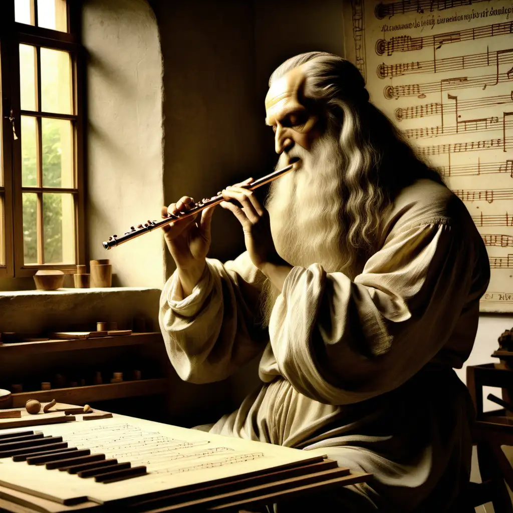 Leonardo da Vinci playing a flute in his studio with 

