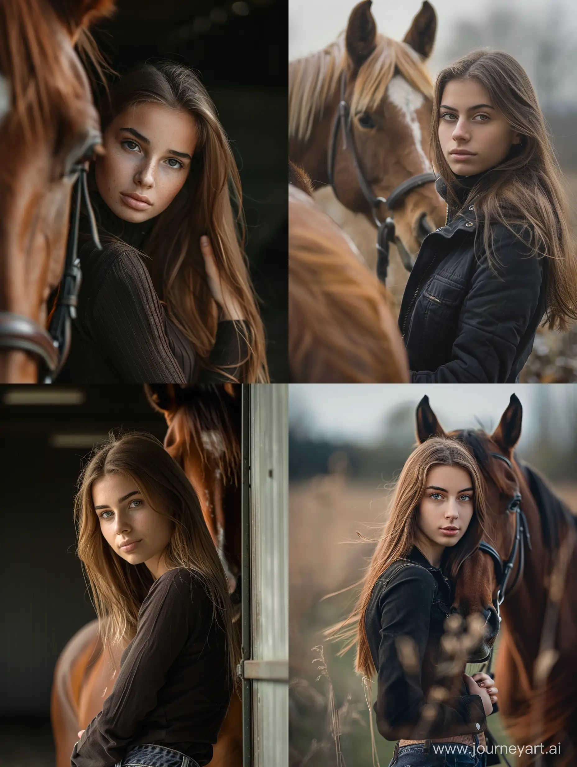 Young woman standing near a horse portrait realistic photo face clearly visible looking at the camera detailed realistic photo 
