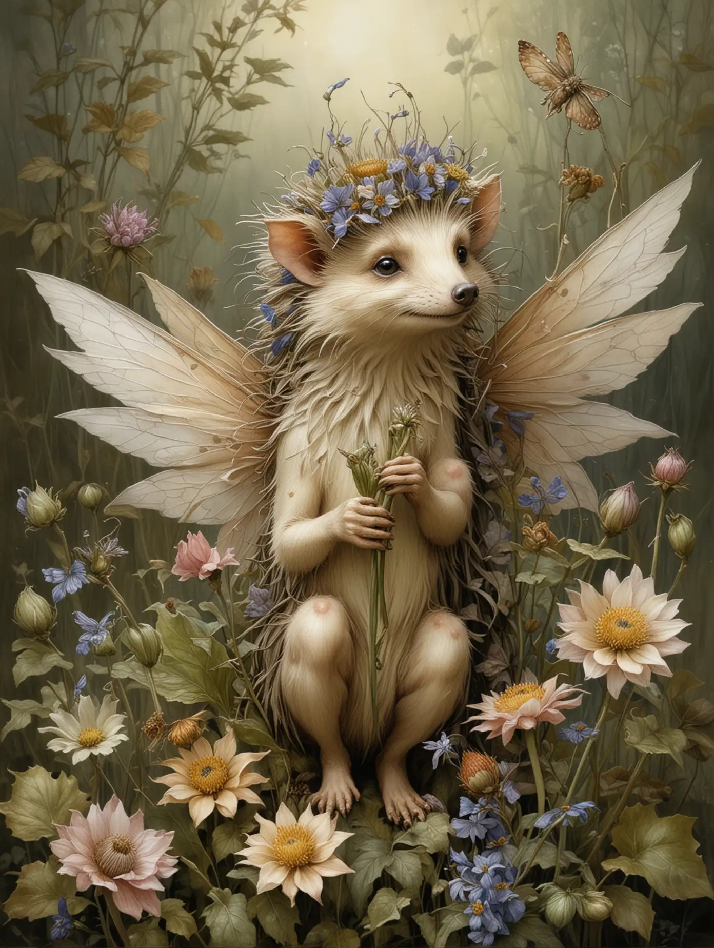 HyperRealistic Flower Fairy of Hedgehog Inspired by Cicely Mary Barker and Brian Froud