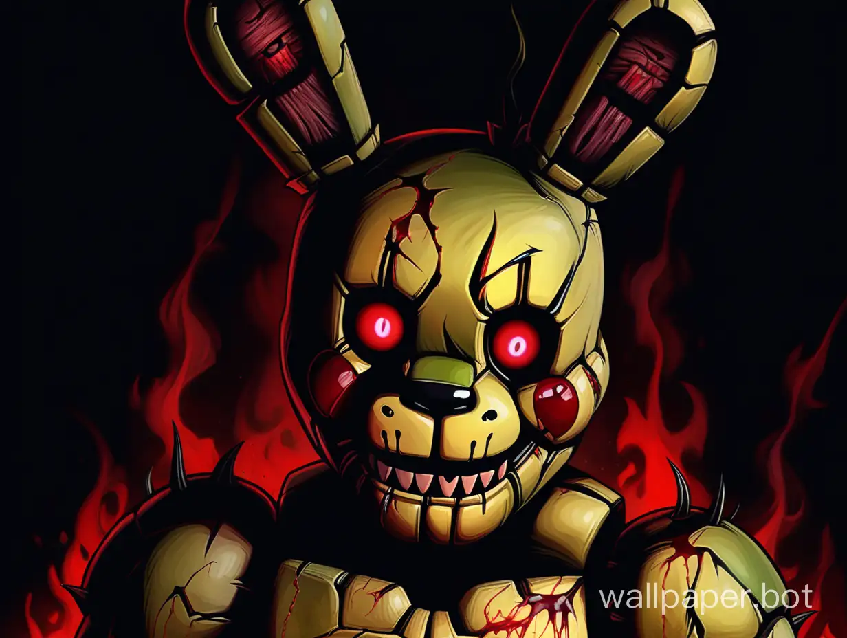 Dark-Evil-Springtrap-Character-with-Burned-Face-and-Pierced-Body-in-Scarlet-Red-Background