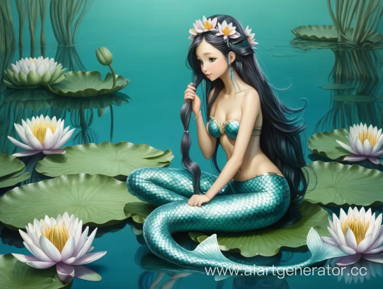 Mermaid sitting on a water lily and combing her hair