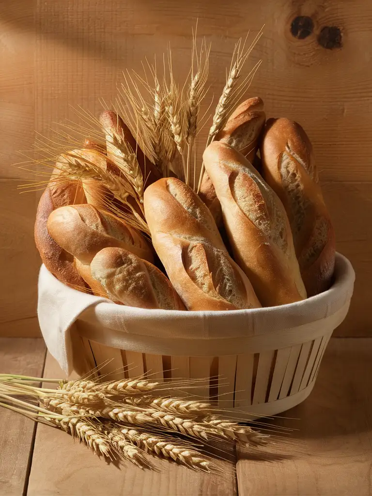 Bread basket on a wooden background and some wheat ears next to it