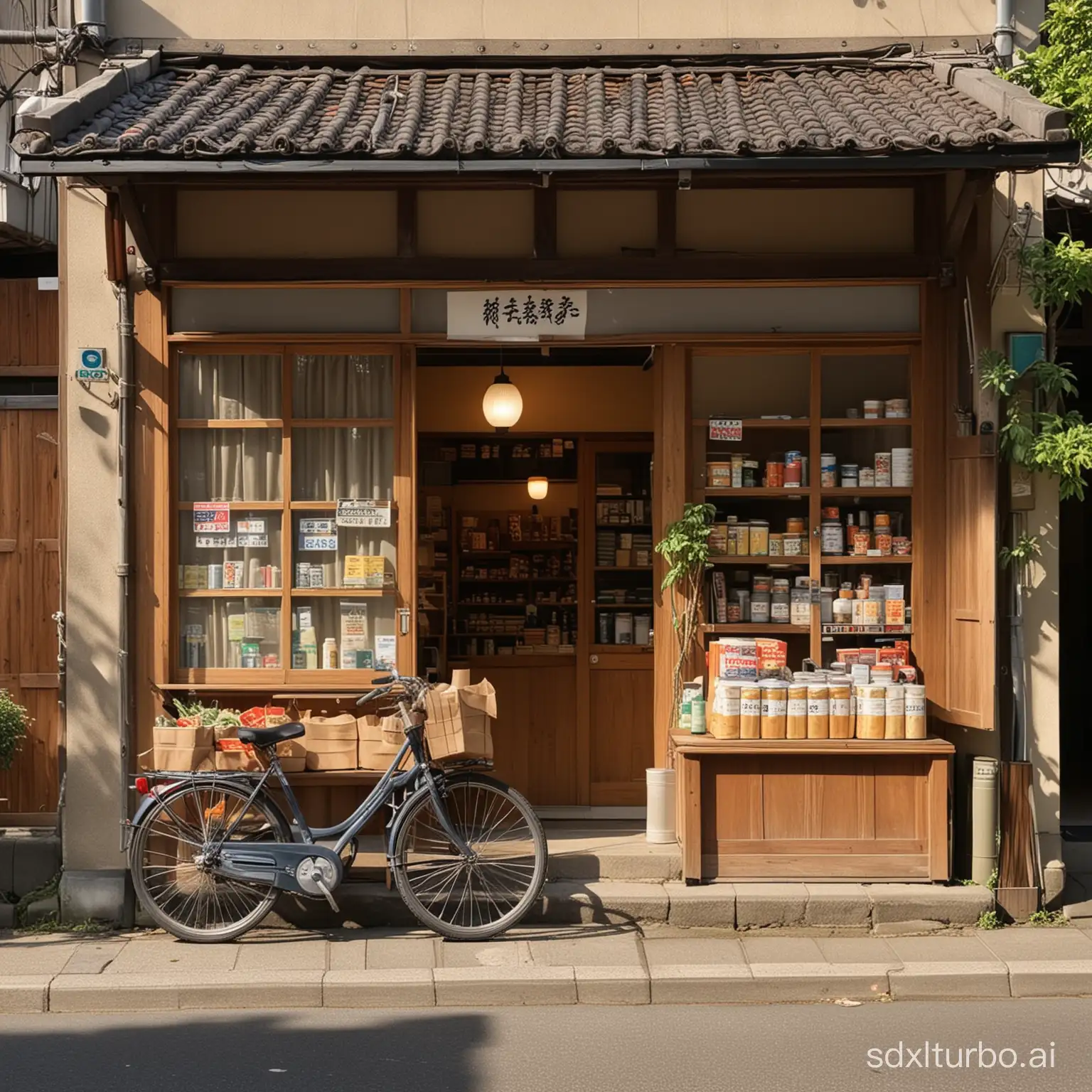 A small traditional wooden grocery store from the 1960s in Japan, viewed from the outside looking in, with the interior appearing cluttered. The surroundings of the grocery store are shaded by trees. The store's exterior features wooden walls and a simple, traditional Japanese design. Through the window, various shelves and counters can be seen inside, stocked with an assortment of goods such as canned foods, rice bags, and household items. The interior is dimly lit with warm light filtering through the windows. Outside the store, a bicycle is parked against the wall, adding to the quaint atmosphere. The scene captures the nostalgic charm of a vintage Japanese neighborhood grocery store.