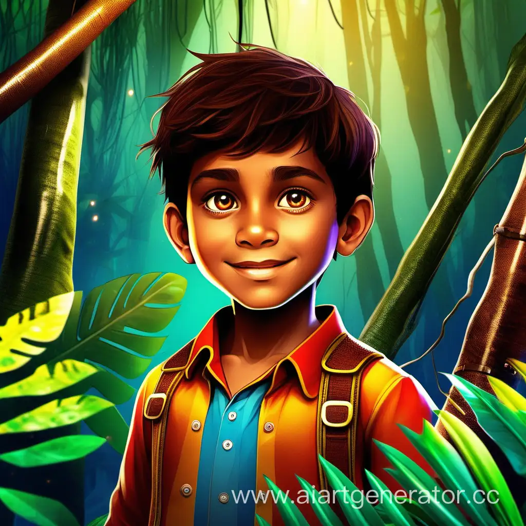 A seven-year-old boy with brown eyes in a colorful costume in magical jungles.