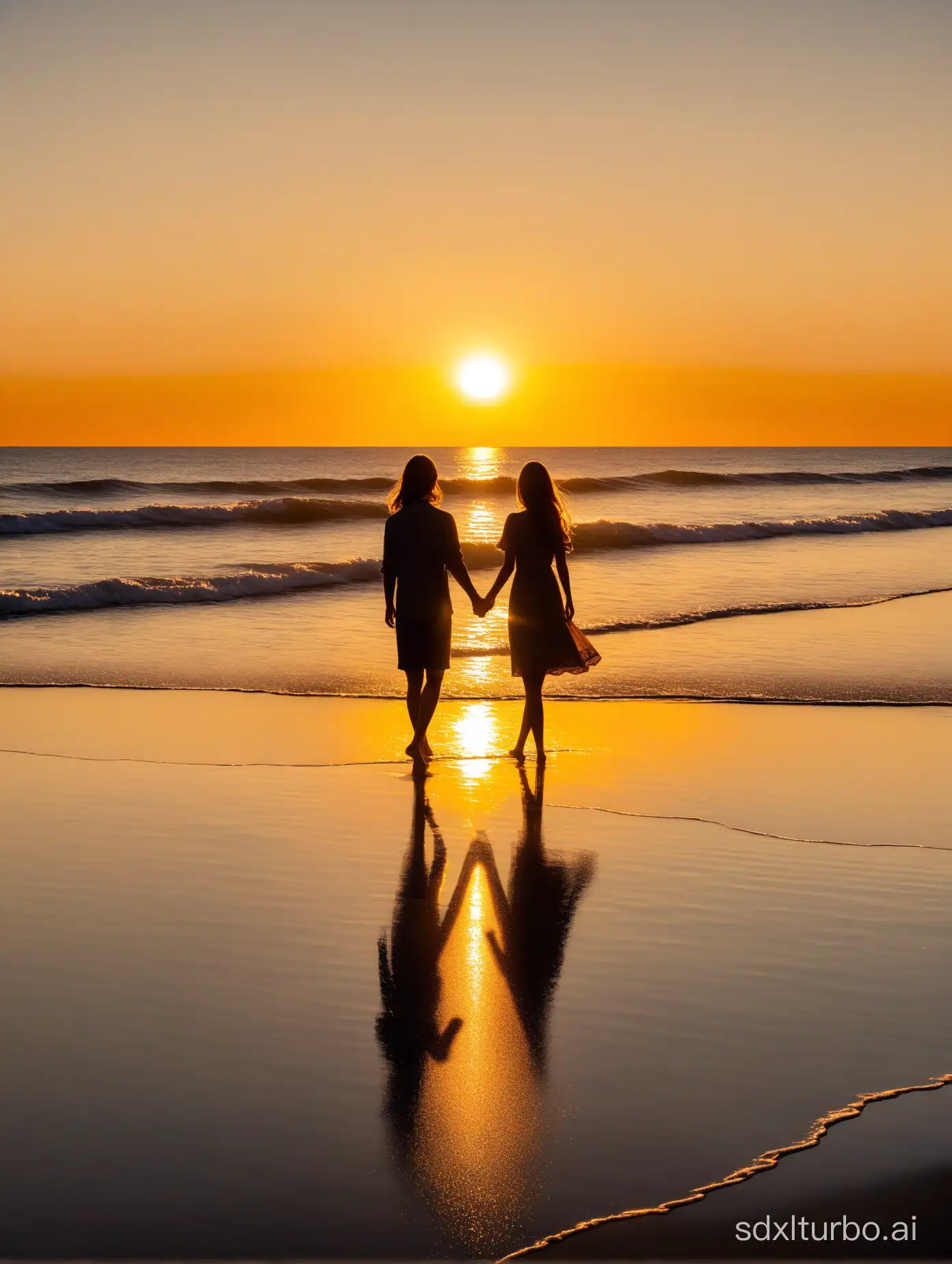 Tranquil-Sunset-Beach-Scene-with-Silhouetted-Figures-Holding-Hands