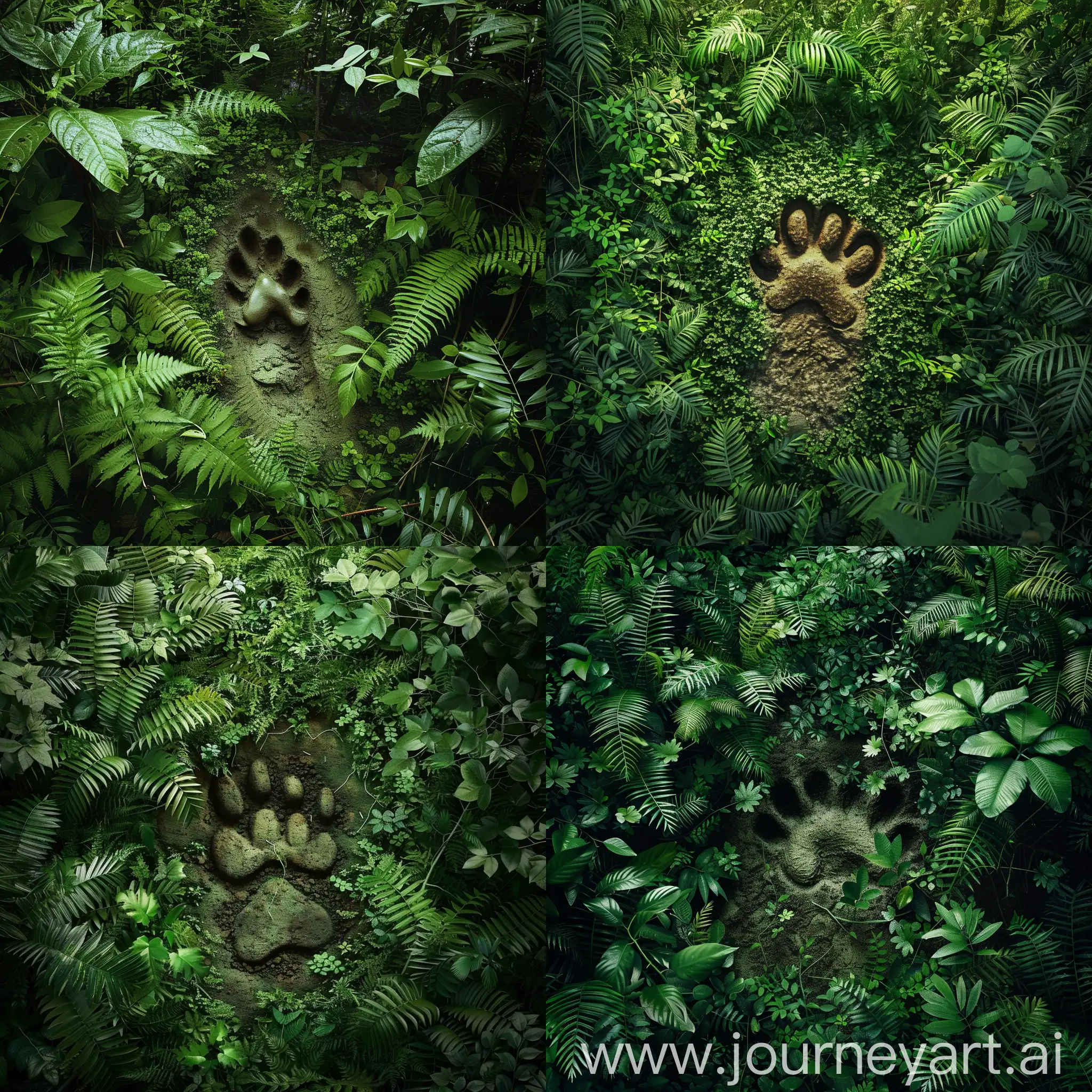 Visualize a solitary pawprint, deeply etched into the soft earth of a jungle floor, seen from a top-down perspective. Surrounding the pawprint is a dense carpet of vibrant green foliage, including ferns, vines, and small bushes. The canopy above filters sunlight, casting dappled shadows on the forest floor.

The pawprint itself is large and imposing, suggesting the presence of a powerful and potentially dangerous creature. Its distinct shape and size command attention, standing out prominently against the backdrop of the jungle undergrowth.

The surrounding jungle teems with life, with the occasional glimpse of smaller creatures darting between the leaves. Yet, the focus remains on the singular pawprint, leaving an air of mystery and anticipation as to what creature may have left its mark upon the forest floor.