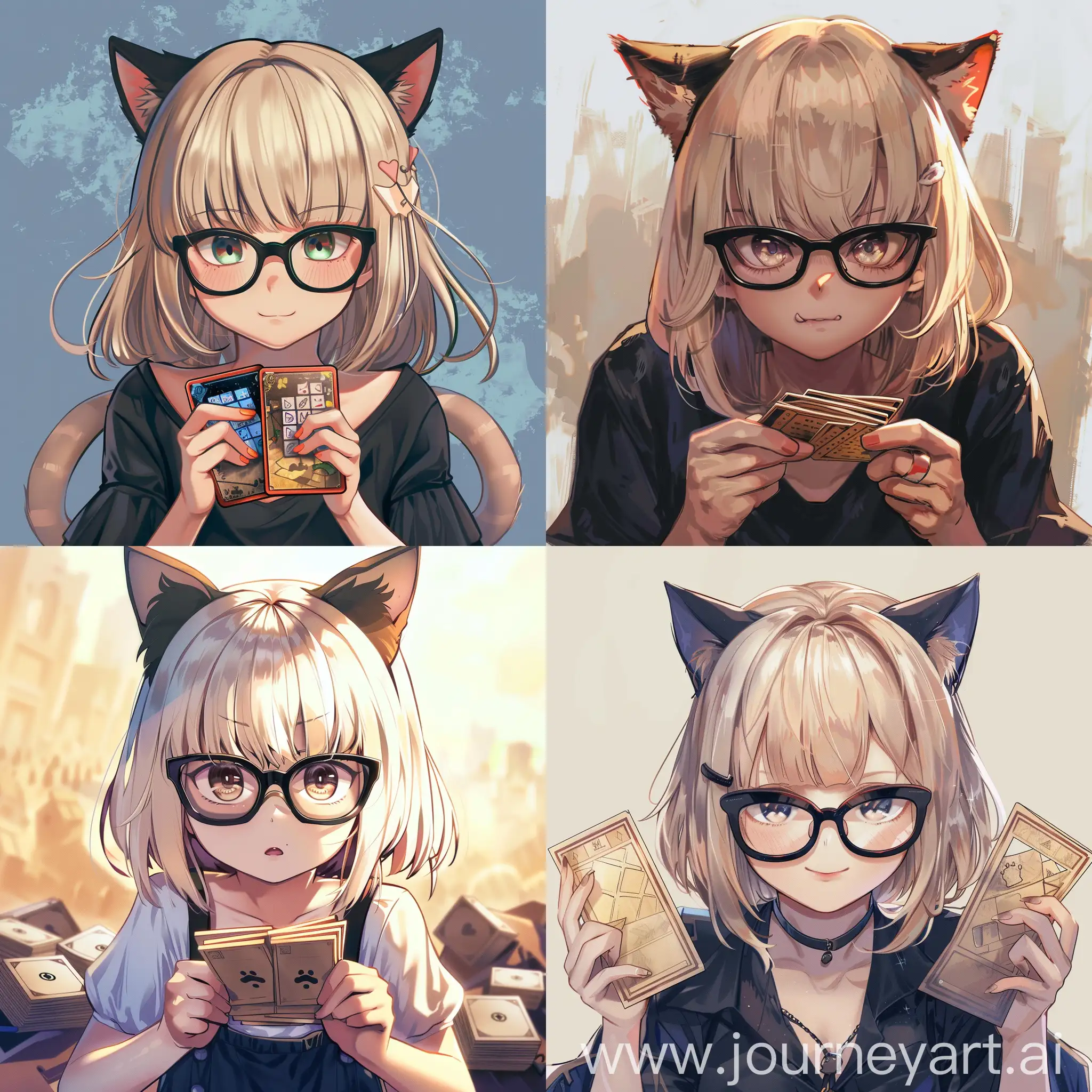девушка геймер с ушками кота, держит в руках правила, черные очки, светлые волосы, аниме стиль