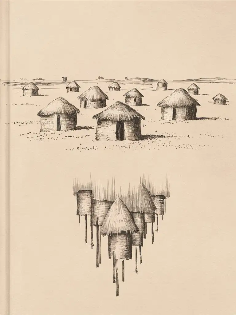 minimalistic  pencil drawing of african village with huts infused at the very bottom of the cover. 