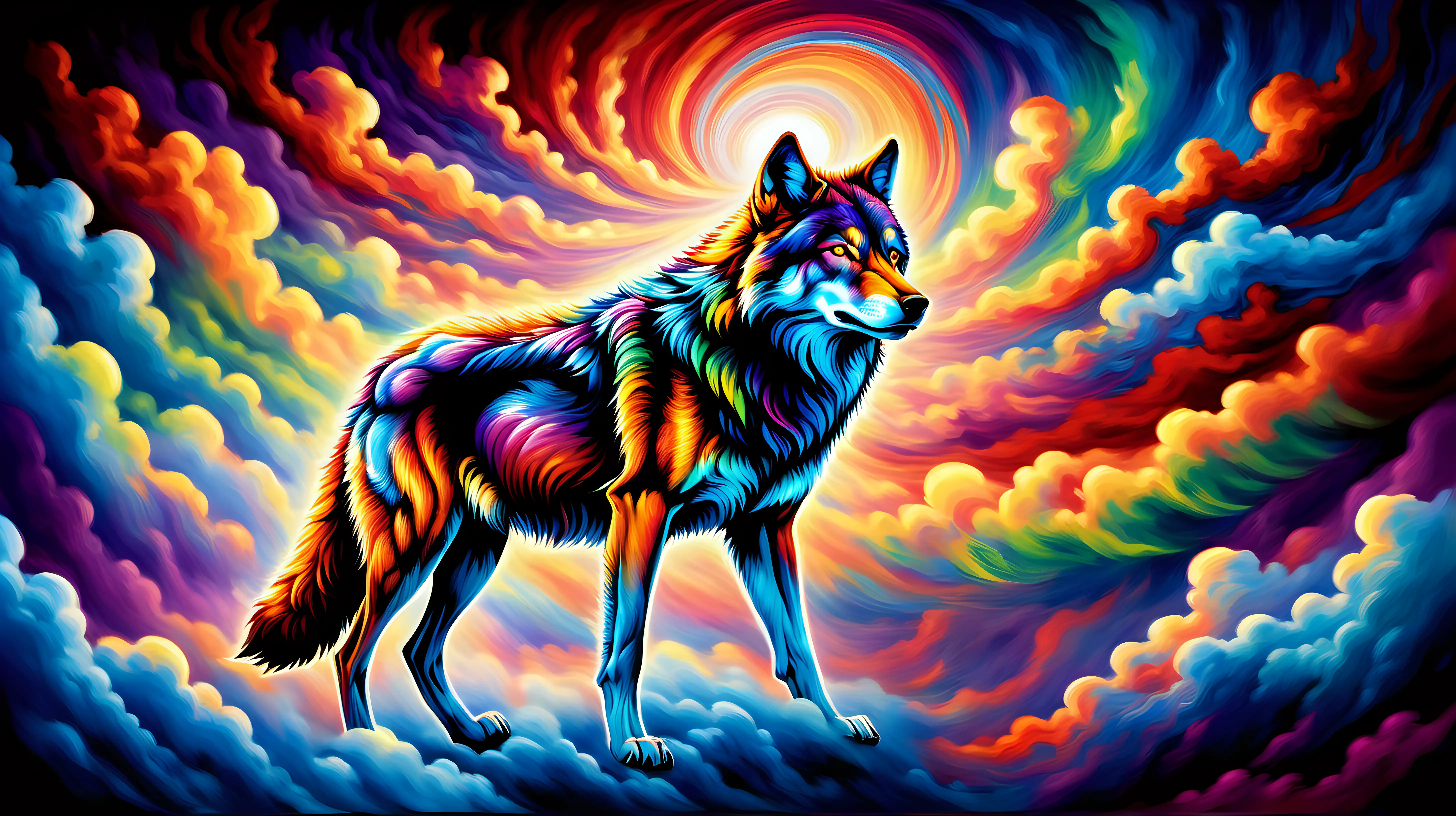 Imagine a breathtaking scene where a vibrant, multi-hued wolf emerges from a canvas of swirling, iridescent clouds. The wolf's form is vividly painted with a palette of vibrant colors, emanating an aura of raw power and strength amidst the ever-shifting, kaleidoscopic clouds that surround it. Capture the essence of this majestic creature as it stands as a symbol of primal force and beauty within the mesmerizing, colorful expanse of the sky.