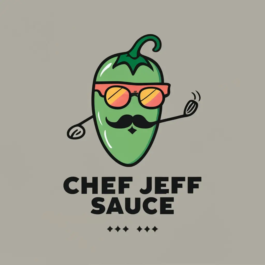 logo, jalapeno Pepper with mustache and glasses, with the text "Chef Jeff sauce", typography