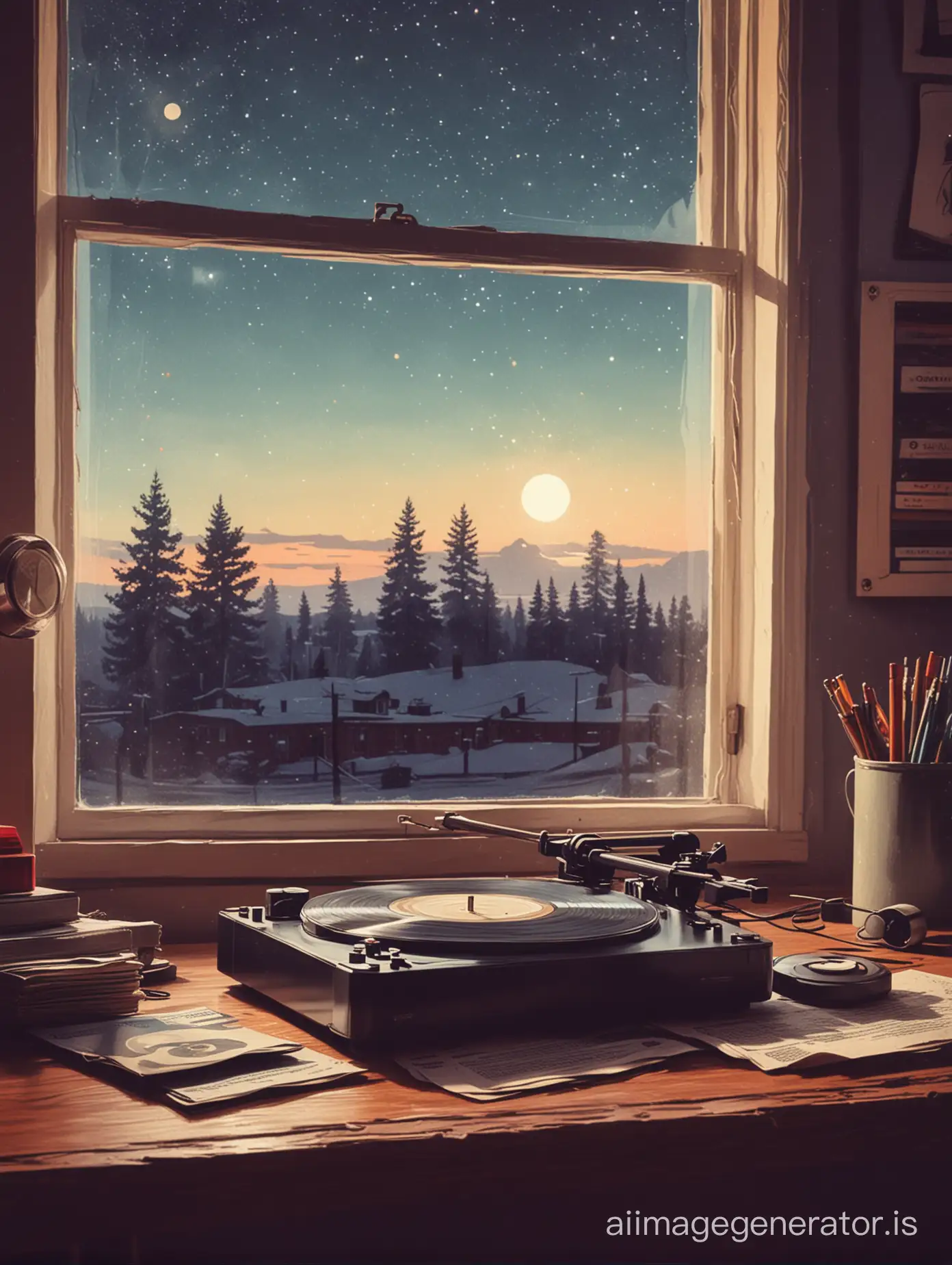 A vinyl player near a window on a desk,, a slight illustration style, in the late evening, the night sky peeking through the window, in the style of a communist poster