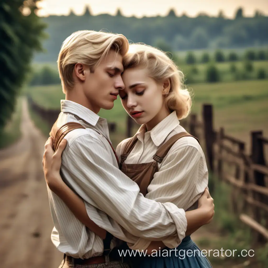 poor blonde young men and rich blonde girl hugging each other. Draw in rural area with old fashioned clothes like in 1950's. Make youngman more handsome and poor looking. Girl is closed eyes. boy wears only old shirt. 