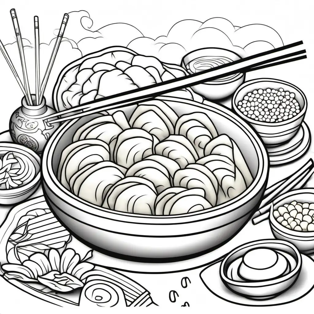 colouring page for kids, Kids illustration, low detail, no shading, Chinese New Year, dumpling

