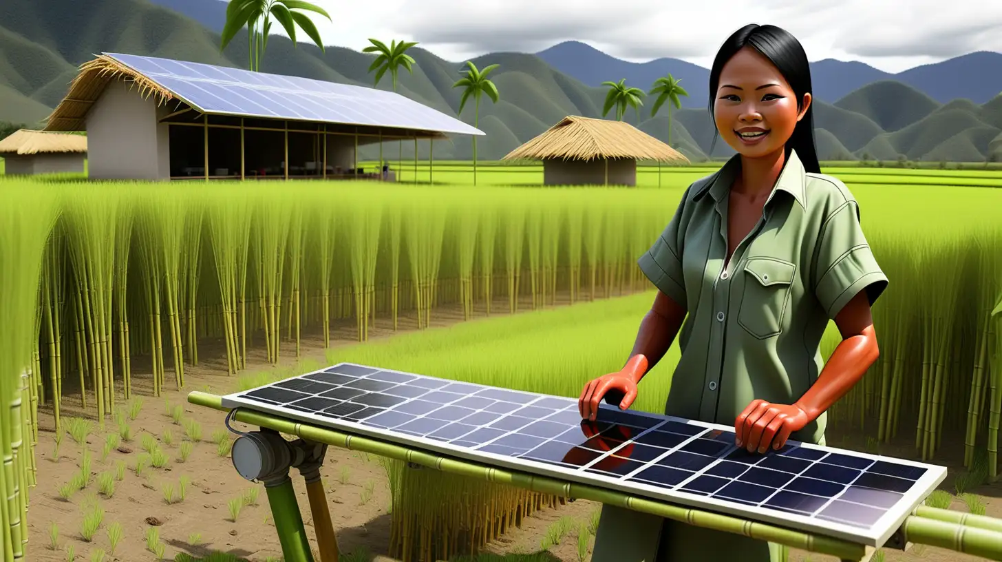 large solar plant remote controlled by mobile empower rural Philippine female bamboo rice lives 