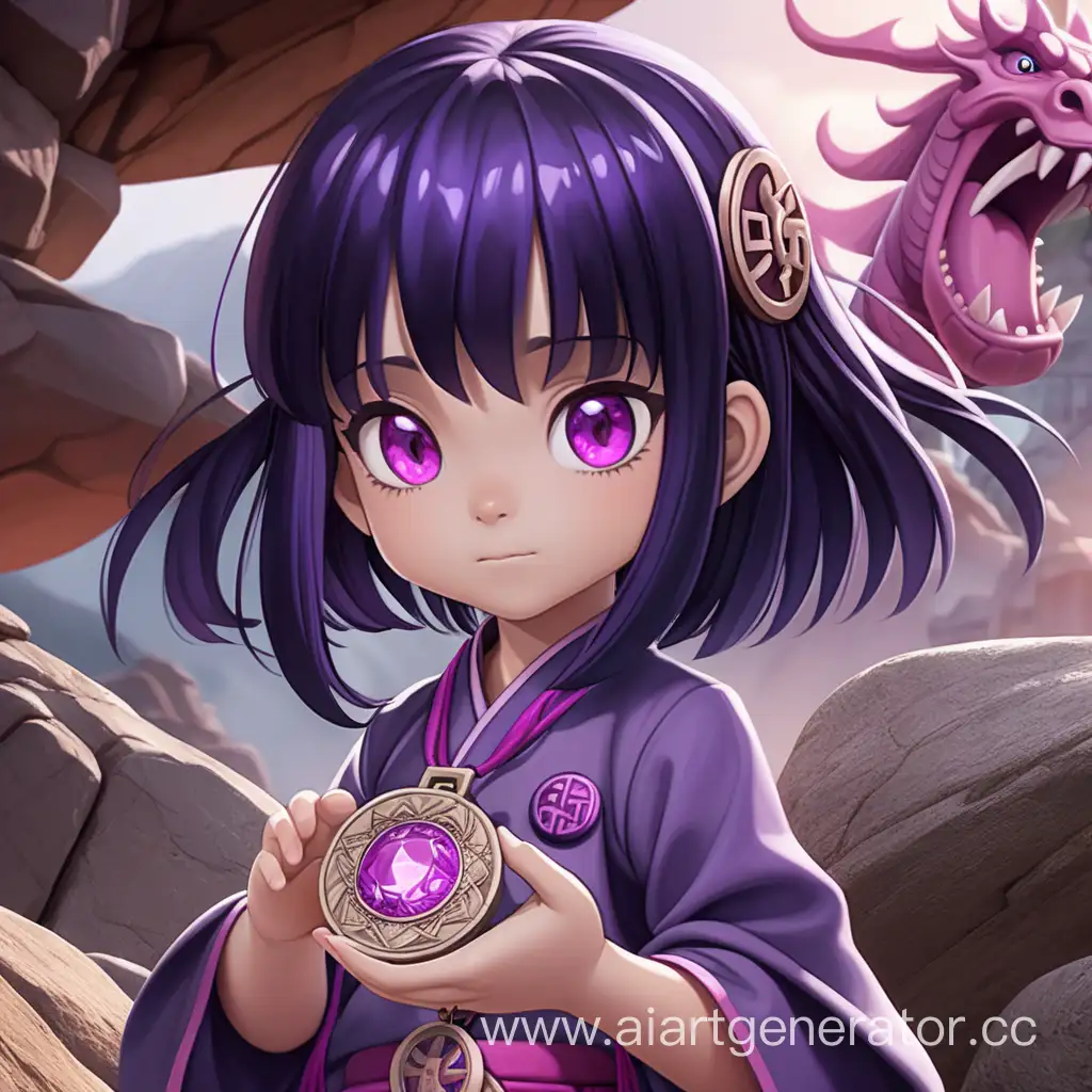 
Anime little girl with dark purple hair and pink eyes on the background of a rock in the dragon temple and a dragon medallion in her hand