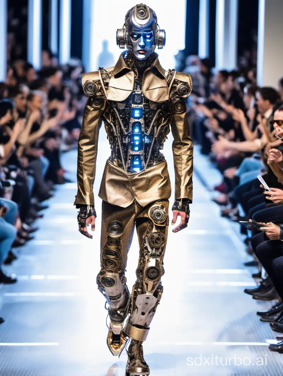 In the Paris Collection, a male model who became a robot 🤖 walks the runway, dances, top model, walks, (full body image), (audience on both sides), Paris Collection runway, Paris Collection runway, (eccentric fashion), fashion that defies convention, flashy fashion, Paris Collection