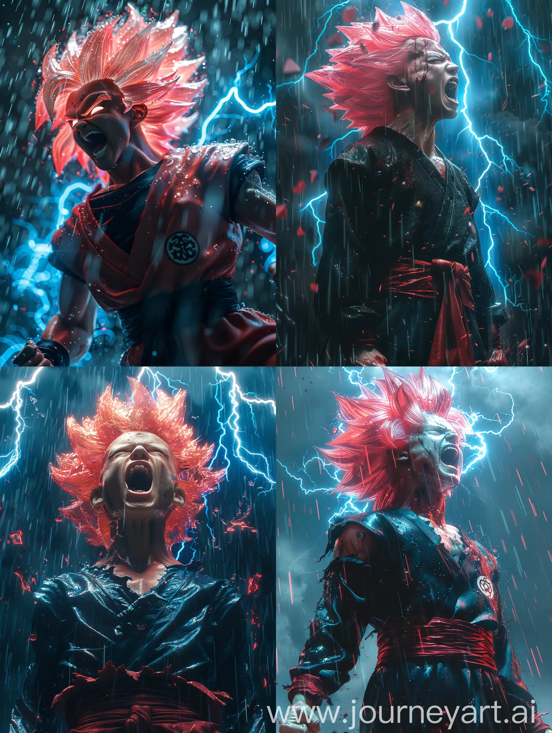 Real full body portrait of real person as Goku black super saiyan 3 rose with rose hair and black
outfit in fighting pose, by Rudy Siswanto, , fully defined facial features of Goku black super saiyan rose, mouth open, neon aura, blue neon lightnings and thunders, clouds tearing apart, ground shattering, ethereal portraiture, tonalist, color scheme, pensive stillness, dark aquamarine and red, rainy night, ray tracing, high reflection, dramatic lighting, intricate details, photo realism, hyperrealism, hyperrealistic photorealistic, 85-mm-lens crispy detail 8k UHD HDR, high key lighting
--ar 4:5 --v 6.0 --style raw --stylize 1000