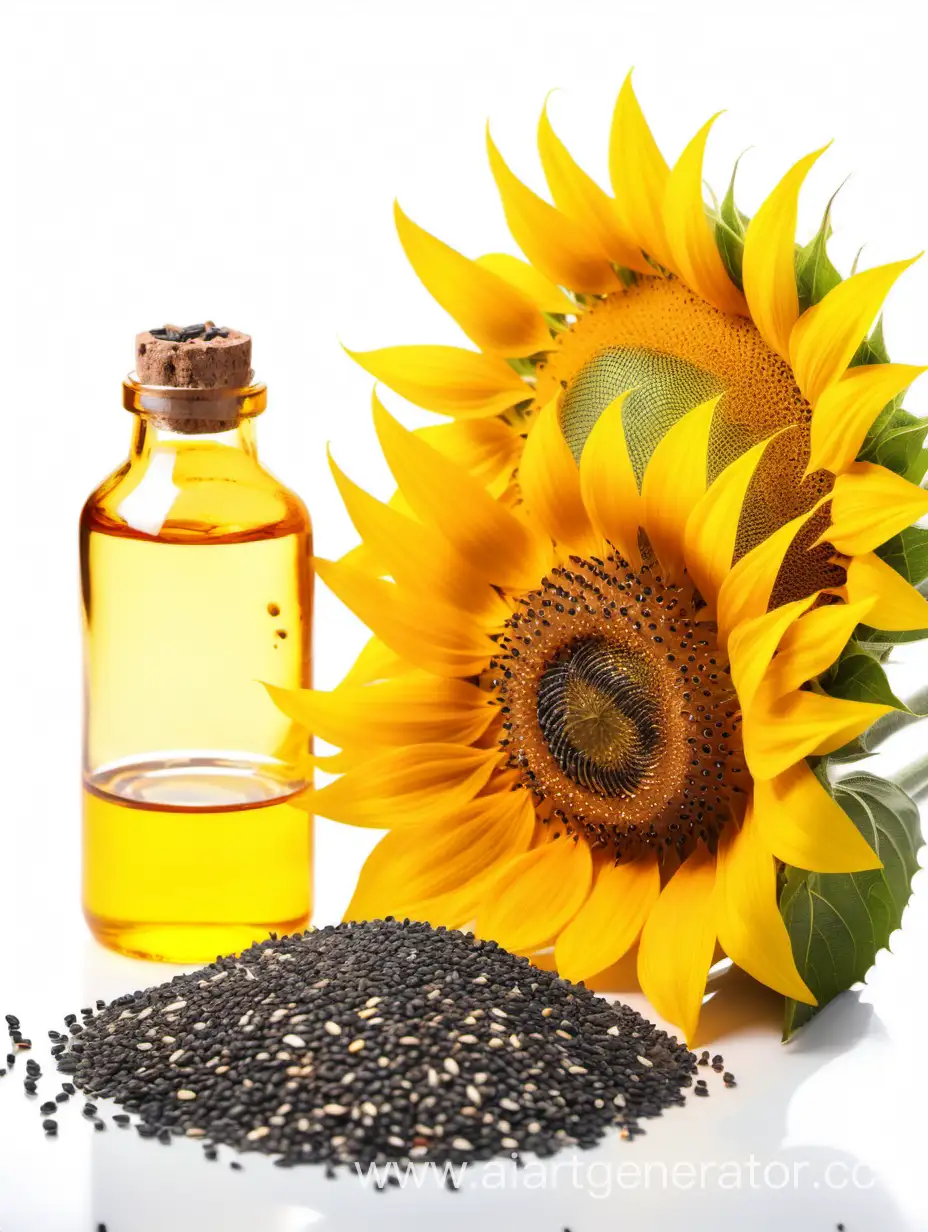 Sunflower with oil and seed on white background