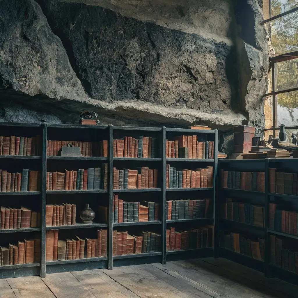 bookshelf along uneven basalt stone wall