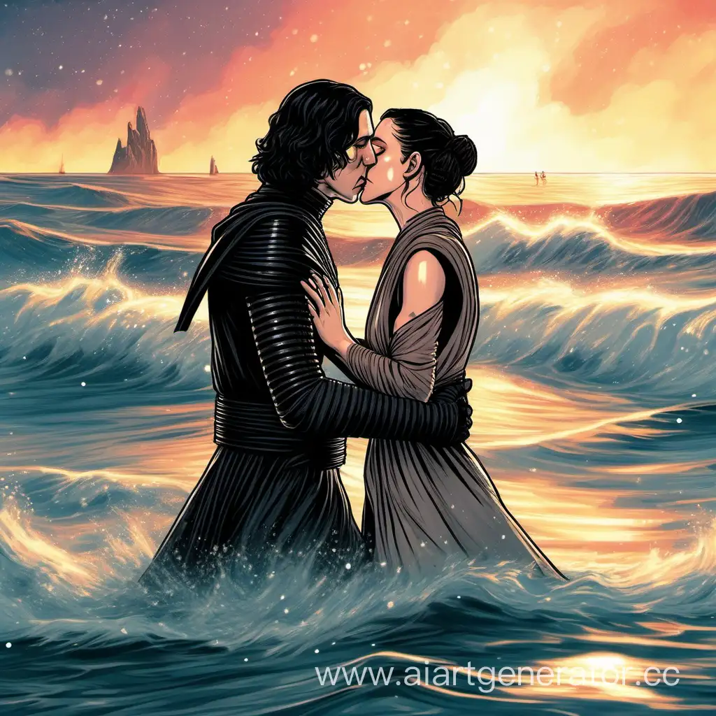 Kylo-Ren-and-Rey-Romantic-Sea-Kiss