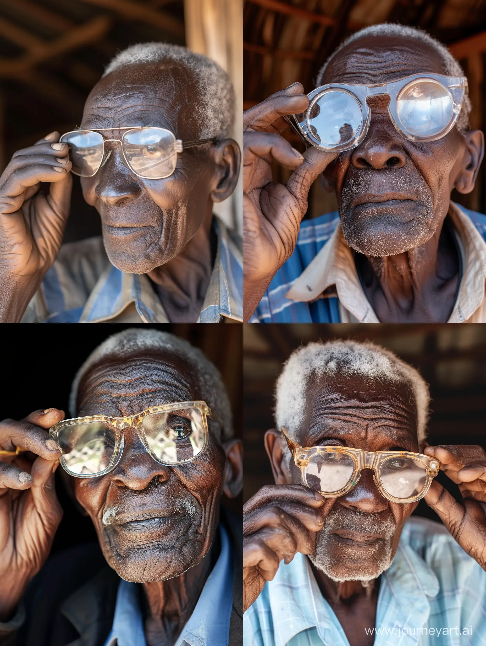 Old African man adjusting his old clear and reflective reading  glasses.