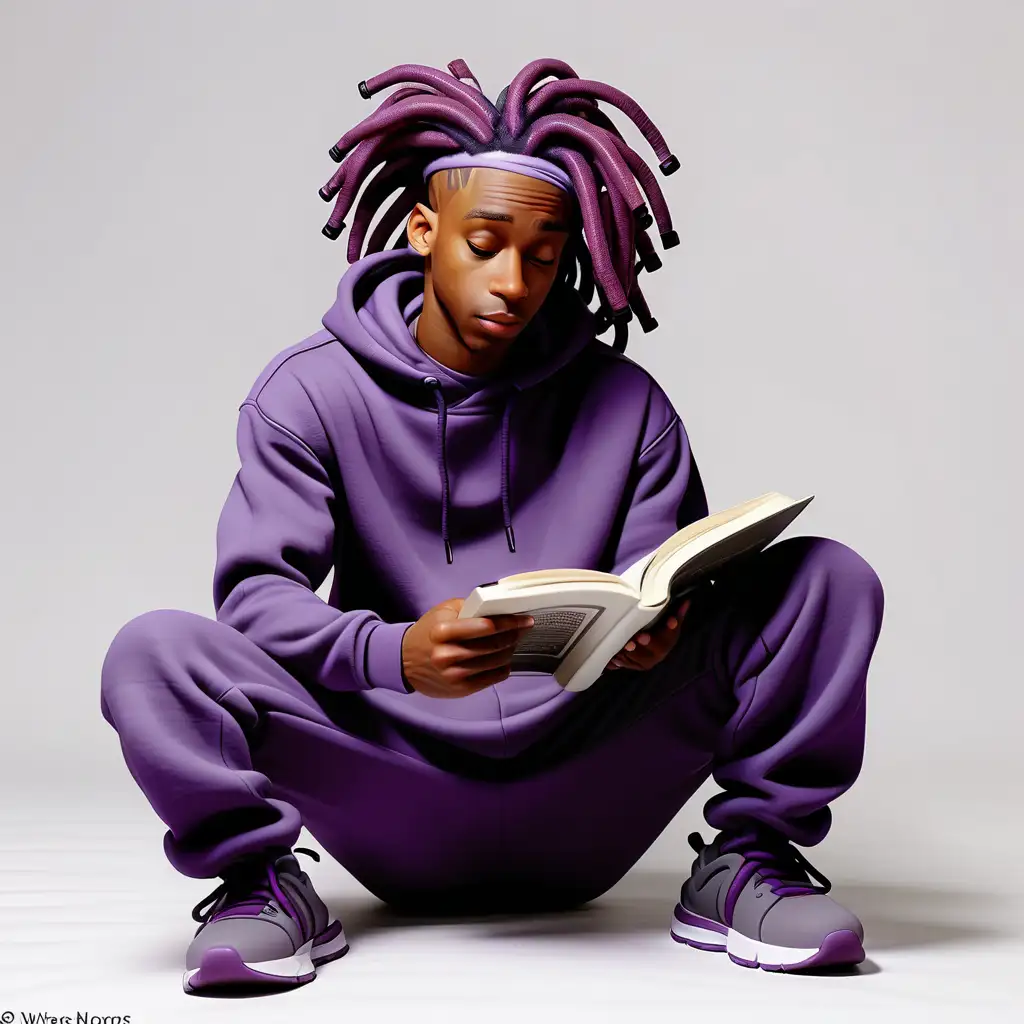 Stylish Black Man in Purple and Black Locs Engrossed in Book