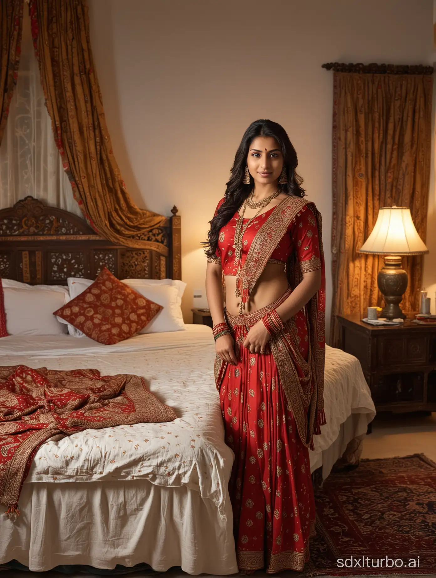 Indian woman in traditional costume standing next to bed in her bedroom which is furnished in traditional Indian style, room brightly lit, emulate Nikon D6 shot, wide angle shot, soft warm lighting, photorealistic, one lamp in background, bedsheet straight, picking item from bed