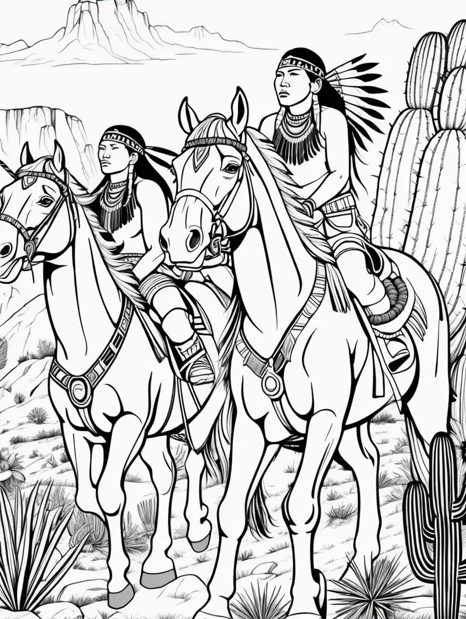 Young North American Indians of First Nations on white galloping horses and shooting from a bow, among the mountains and cactus, black and white coloring page, large print, this lines, low details, no shading