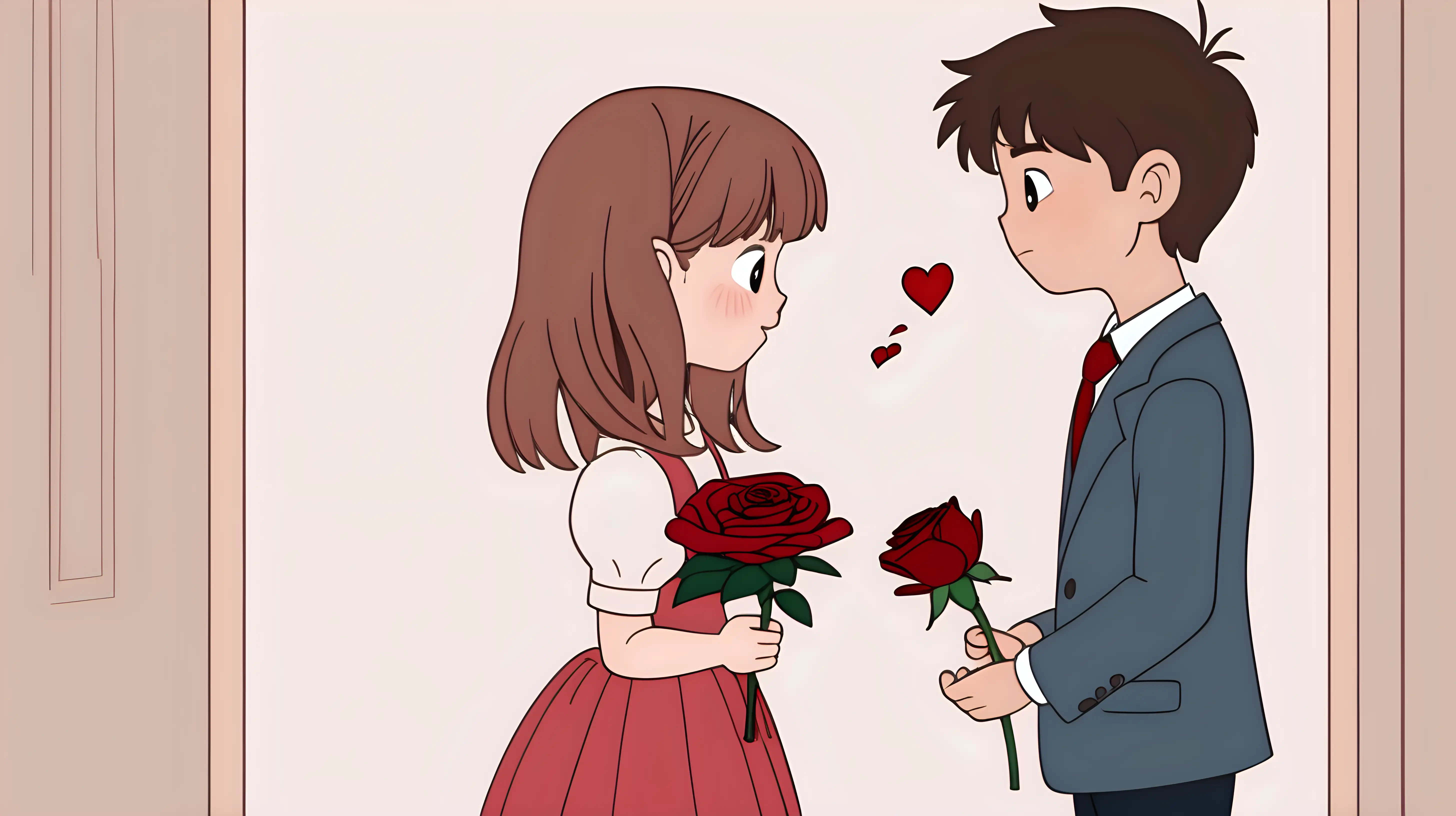 A cute and humorous GIF showing the boy practicing different ways to present the rose before approaching the girl.