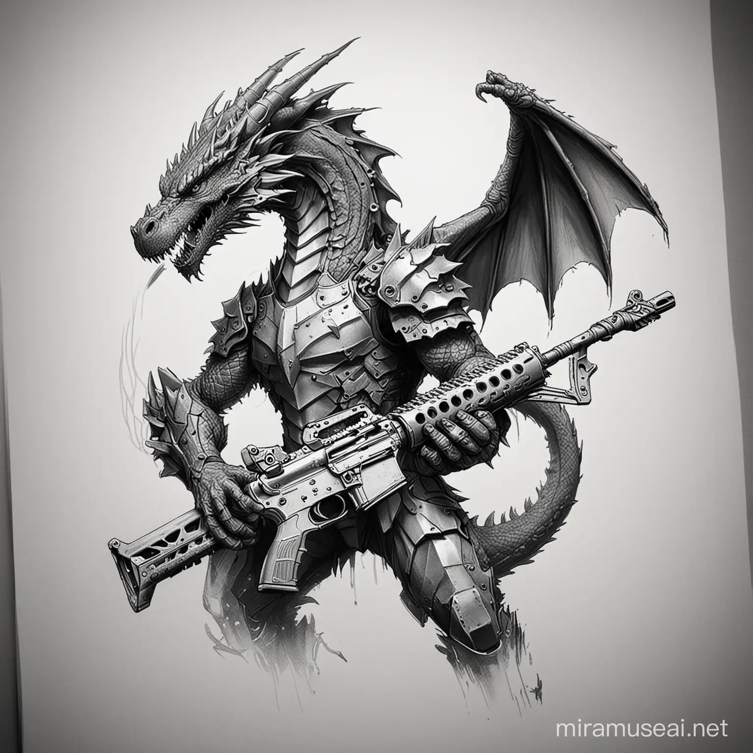 Simple Sketch of a dragon holding M4 AR, make him look nice, like a logo, black and white