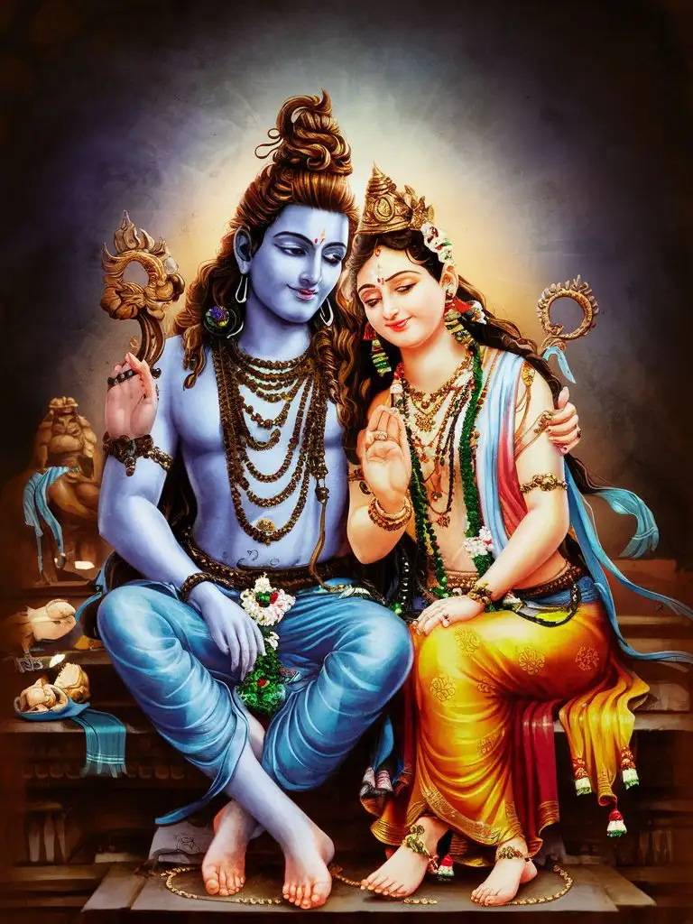 Create an image depicting Lord Shiva and Goddess Parvati, illustrating their mutual love and shared aspects of life.