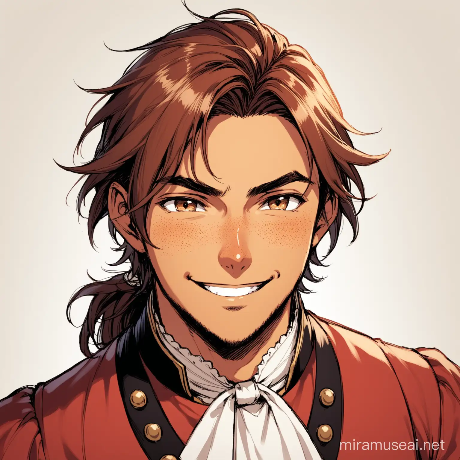 1guy, redish brown hair, messy hair, small low ponytail, slightly tan, faint freckles, Mischievous smirk, 19th century nobleman clothing, white background 