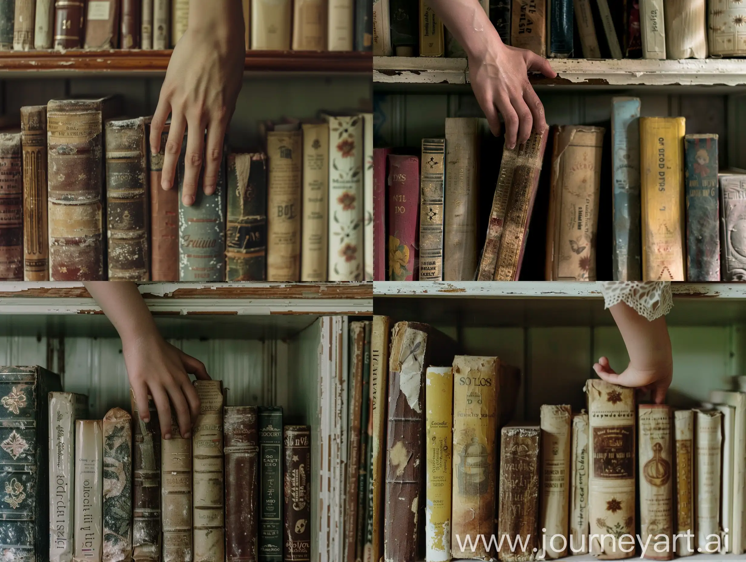  Film a close-up shot of a teenage girl hand hesitating above the dusty cookbooks on the kitchen shelves, This shot represents the ]girls inner conflict as they grapple with the guilt of their actions, symbolized by the neglected cookbooks