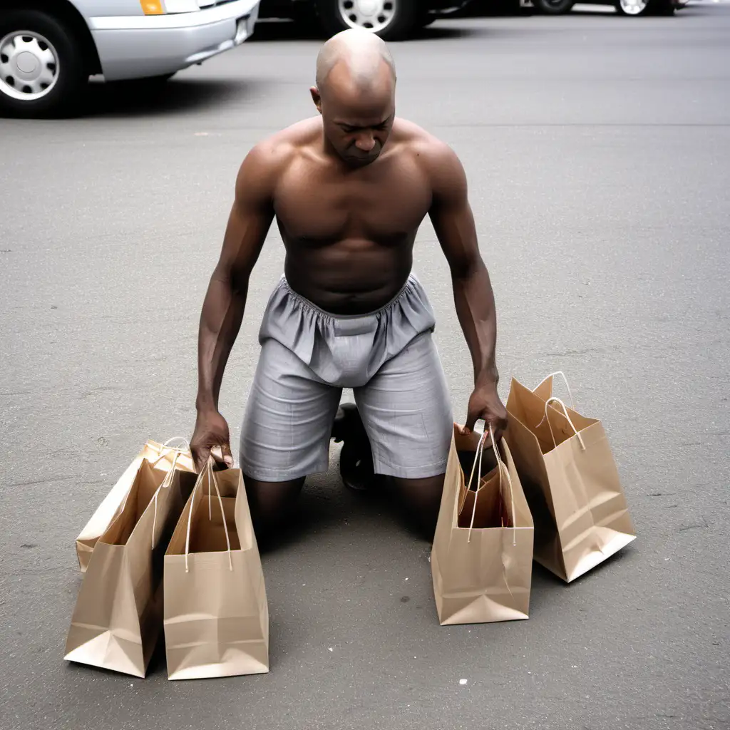 Submissive Servitude Baldheaded Slave Carrying Shopping Bags