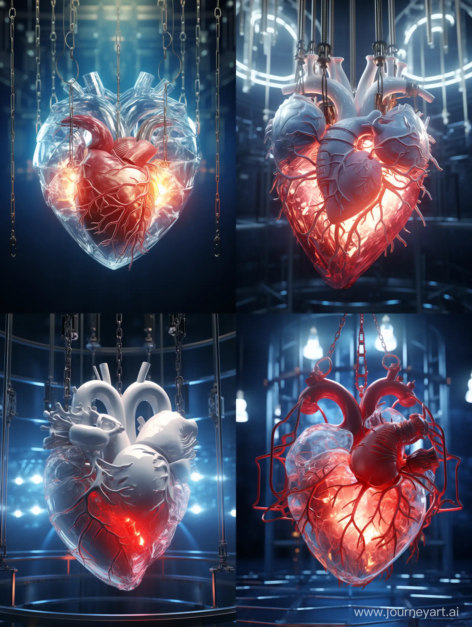 Insane depth, a realistic glass heart. Suspended with chains, pumping with bright white currents of electricity, high quality CGI VFX, tonal contrast, glowing translucency, bright highlights, HDR, realistic Heart Chambers, Valves, Vessels, Wall and Conduction System with electric currents passing through, energy and electricity

