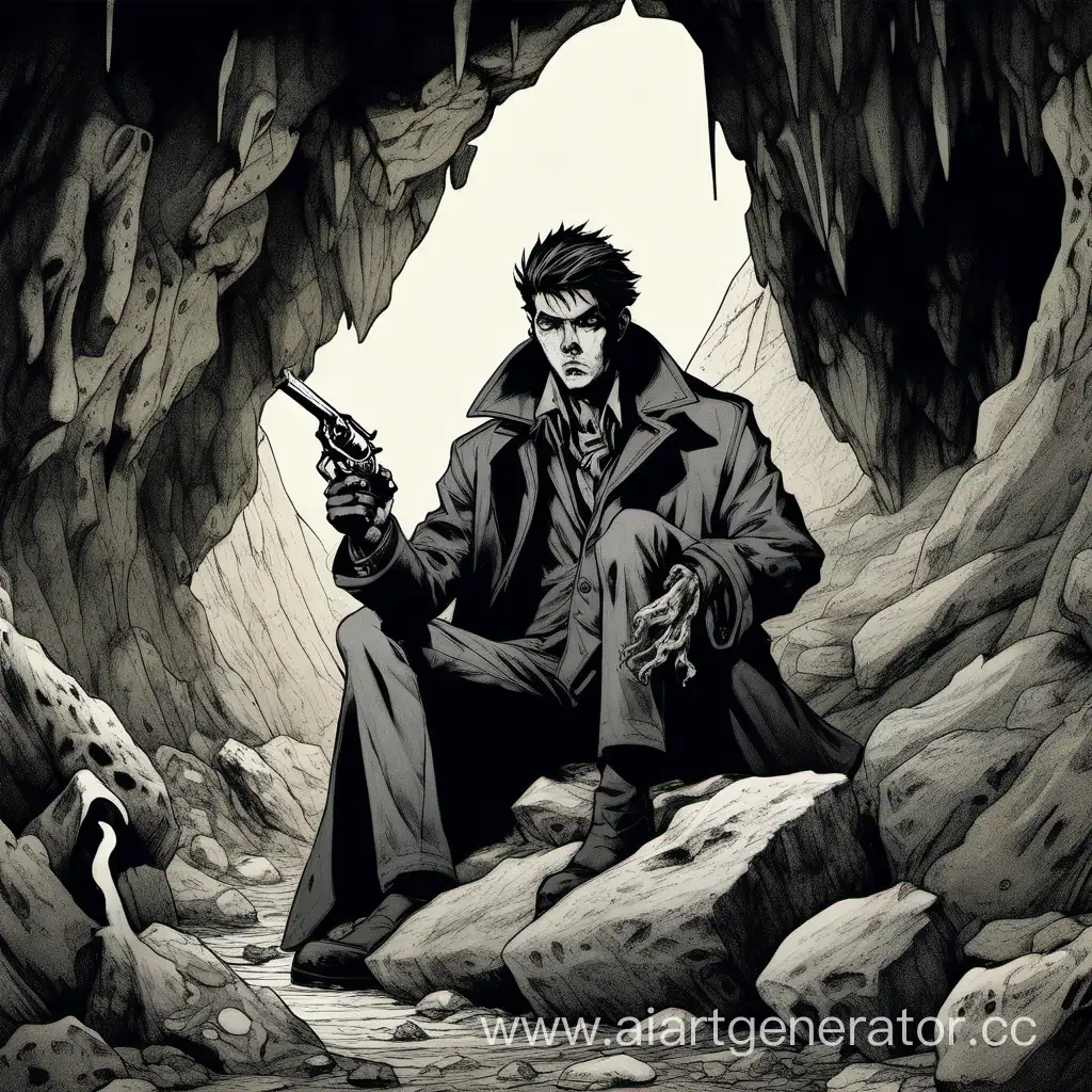 A young man in a coat is sitting on a rock in a cave with a revolver in his hands over a half-dead woman. A monster's paw peeks out of the darkness behind him