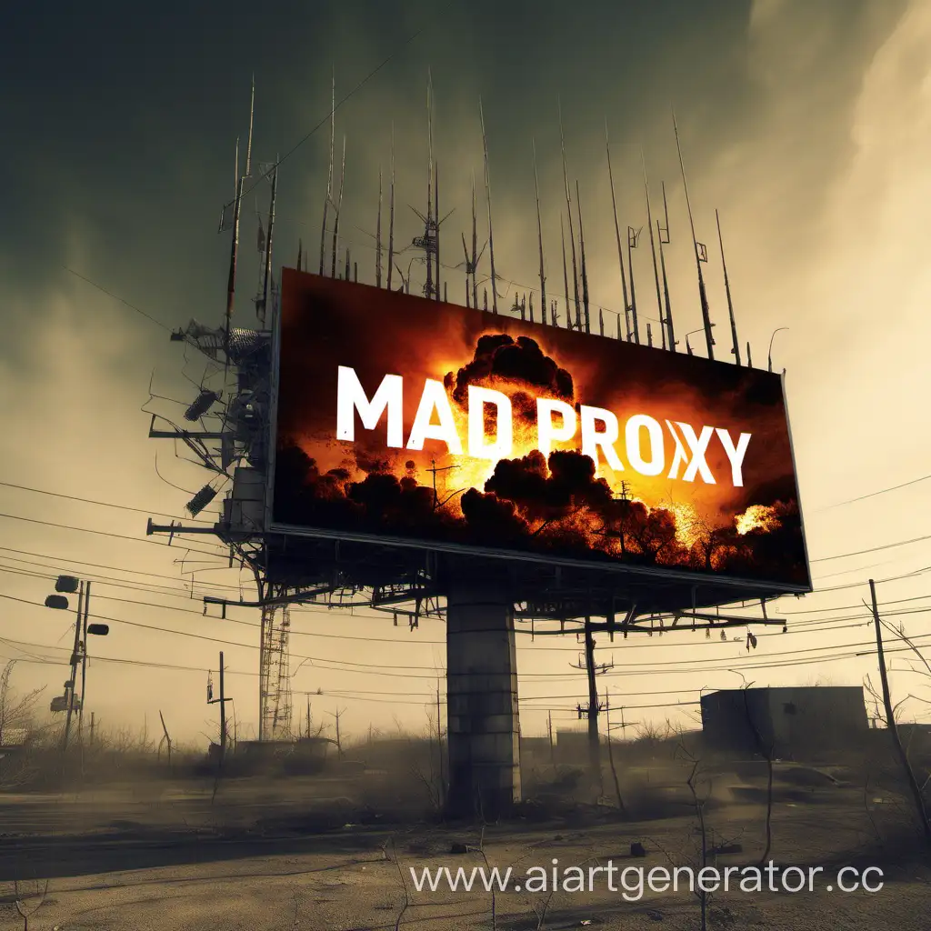 билборд с надписью Mad_Proxy на вышке сотовой связи в постапокалипсис взрыв