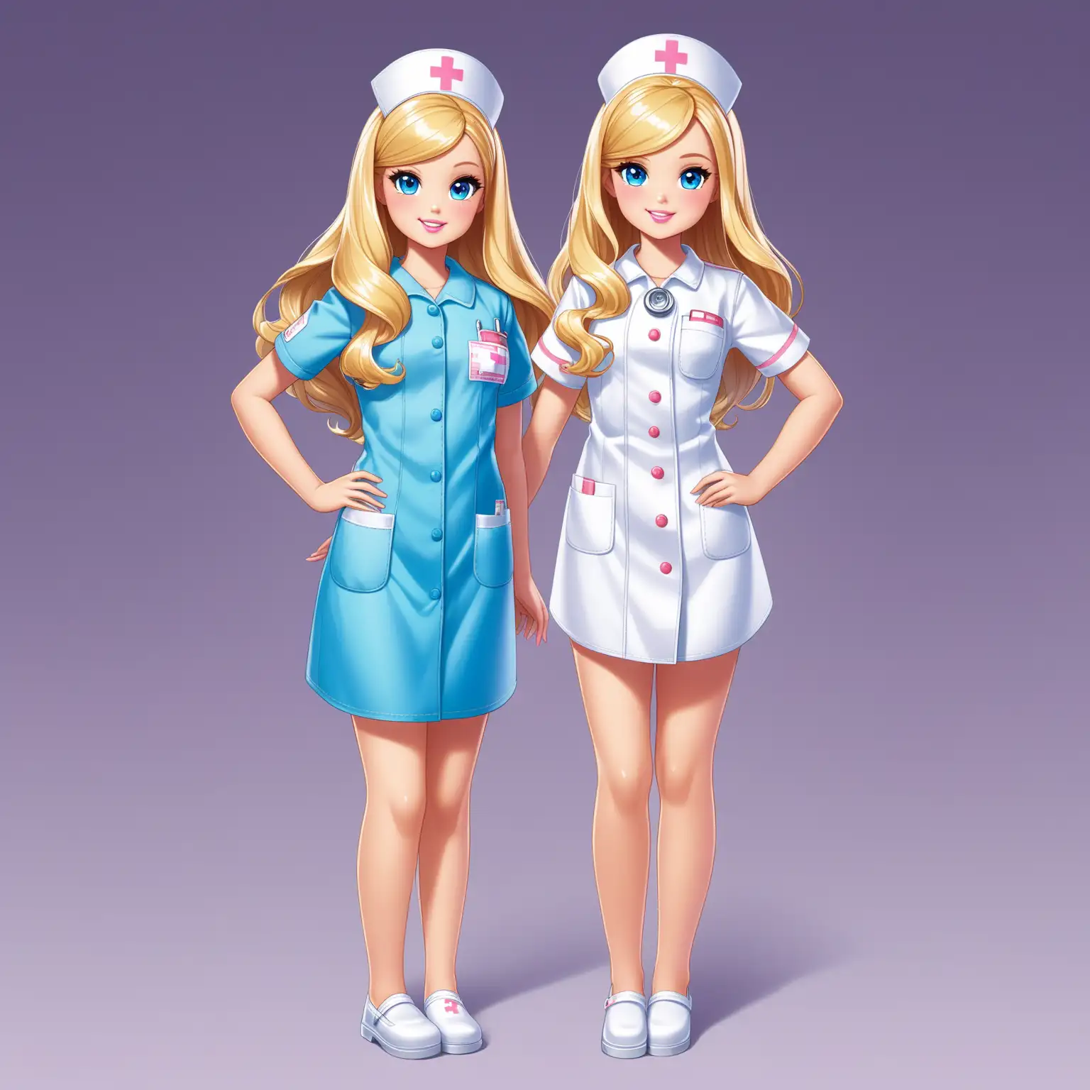 Chelsea from Barbie, 12 years old, measuring 140 cm and weighing 30 kg  mince yeux bleus cheveux blonds longs ondulés, seins B cup, nurse uniform full body
