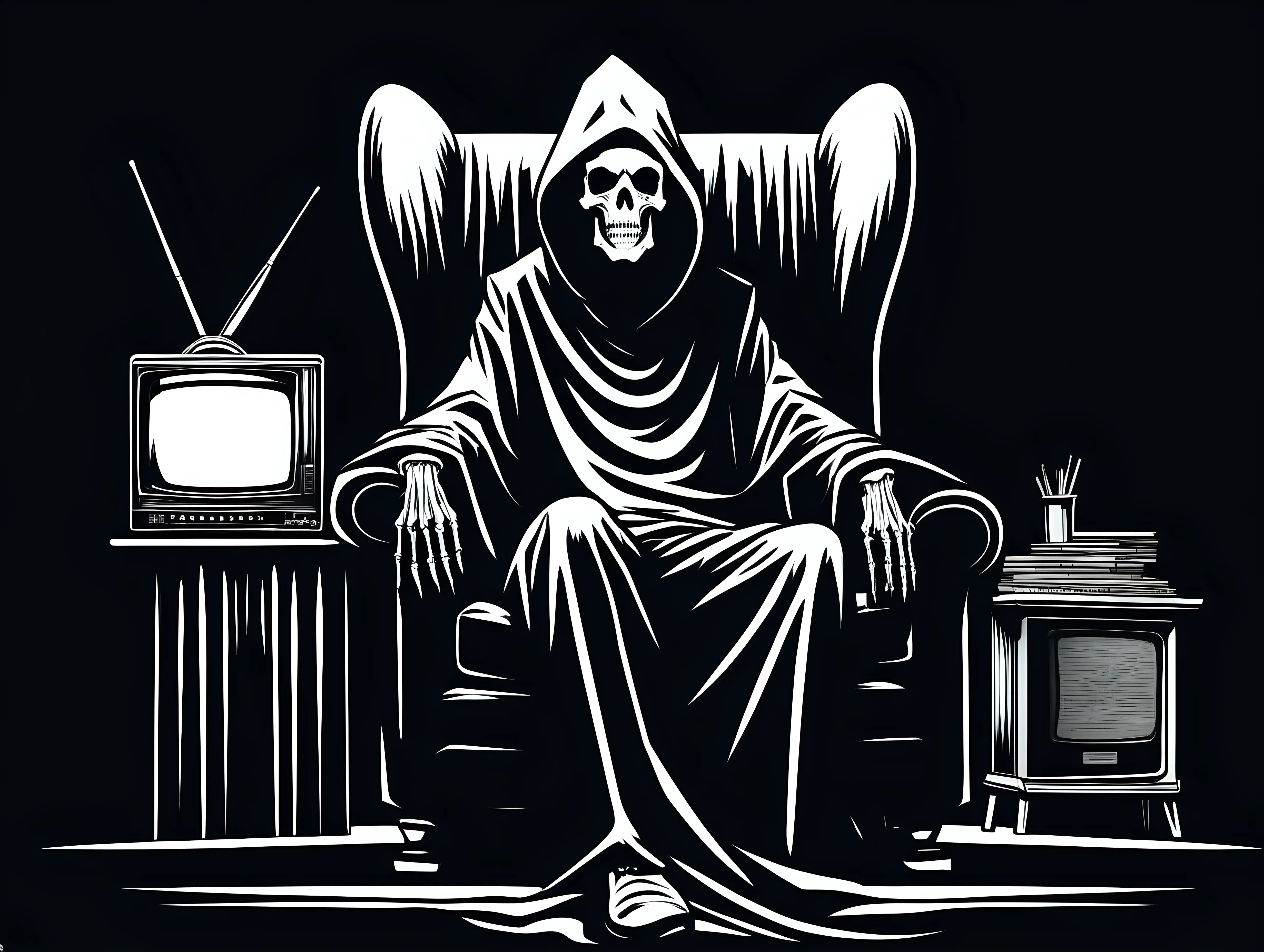 the grim reaper sitting in a wingback chair watching an old TV, in the style of Jim Phillips, black and white, stencil, minimalist, simplicity, vector art, negative space, isolated on black background --v 5.2