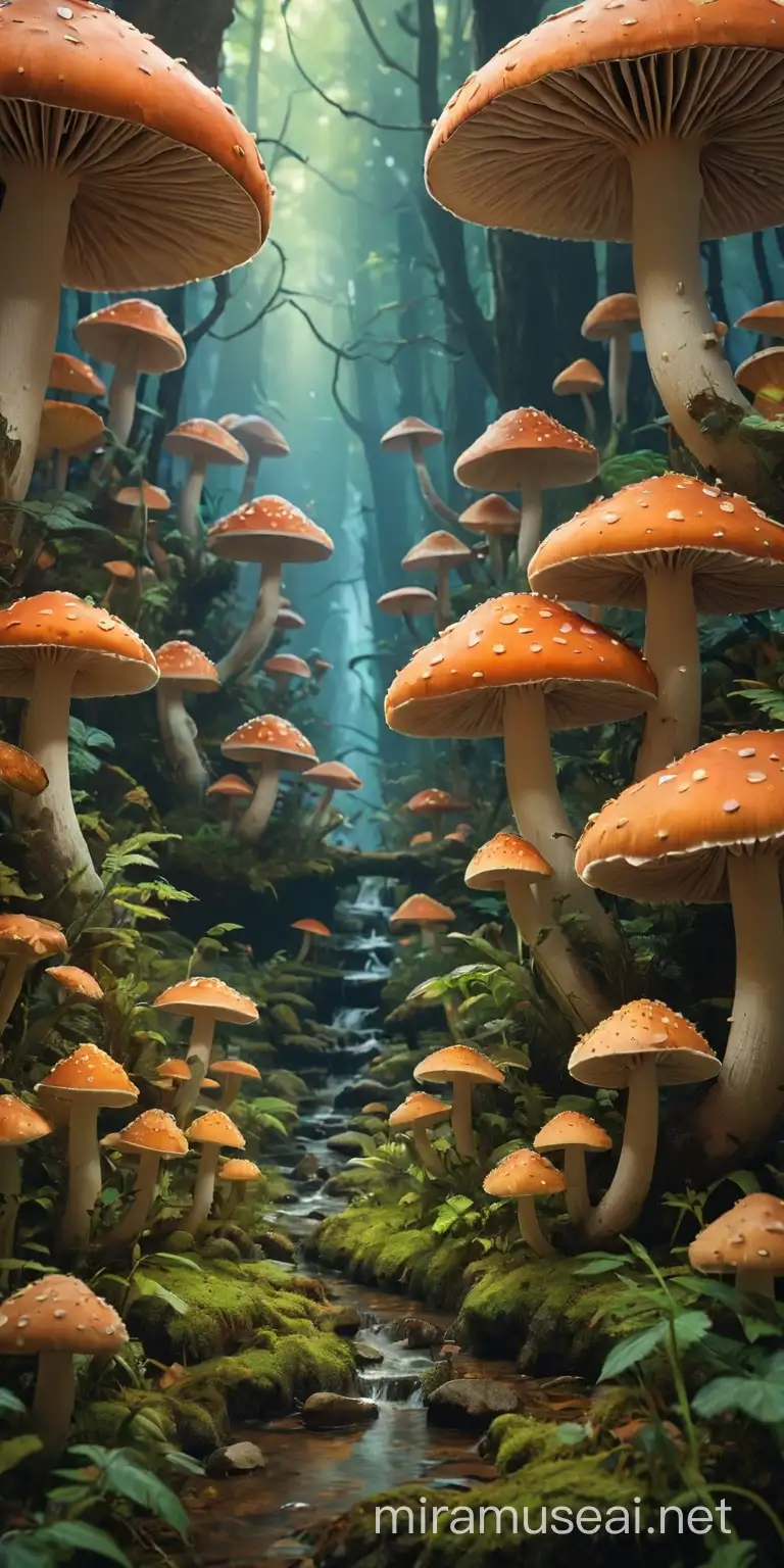 Enchanting Mushroom Wonderland Whimsical Forest Scene with Colorful Fungi