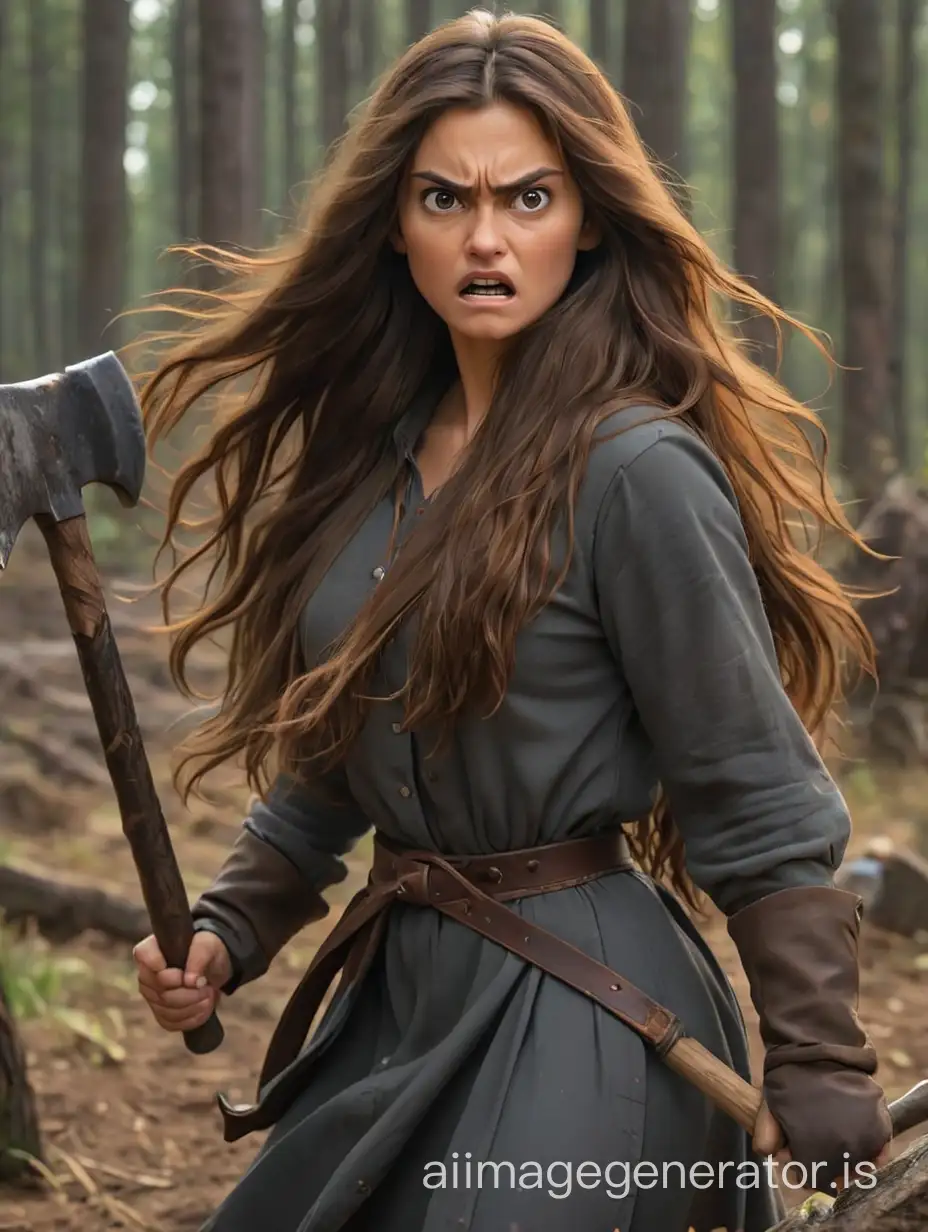 A small woman with very long brown hair and brown eyes stands angry and with an axe