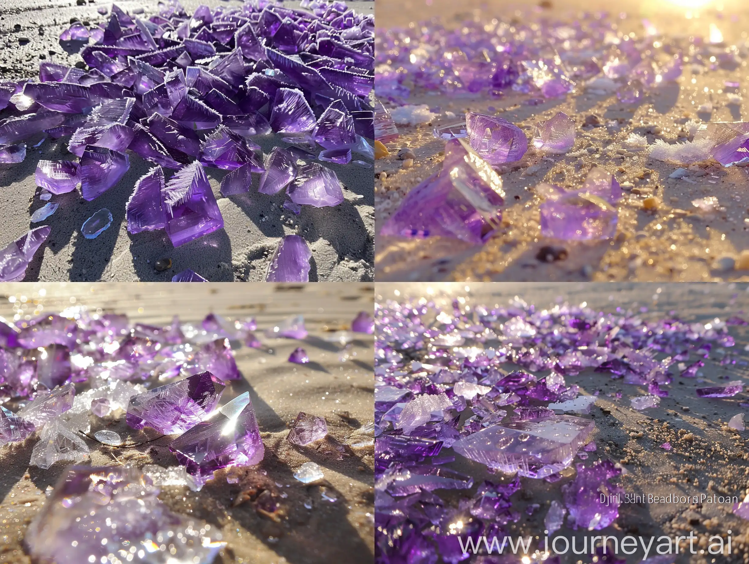 Shimmering-Amethyst-Crystals-and-Sunlit-Ice-Flakes-on-a-Serene-Sandy-Landscape