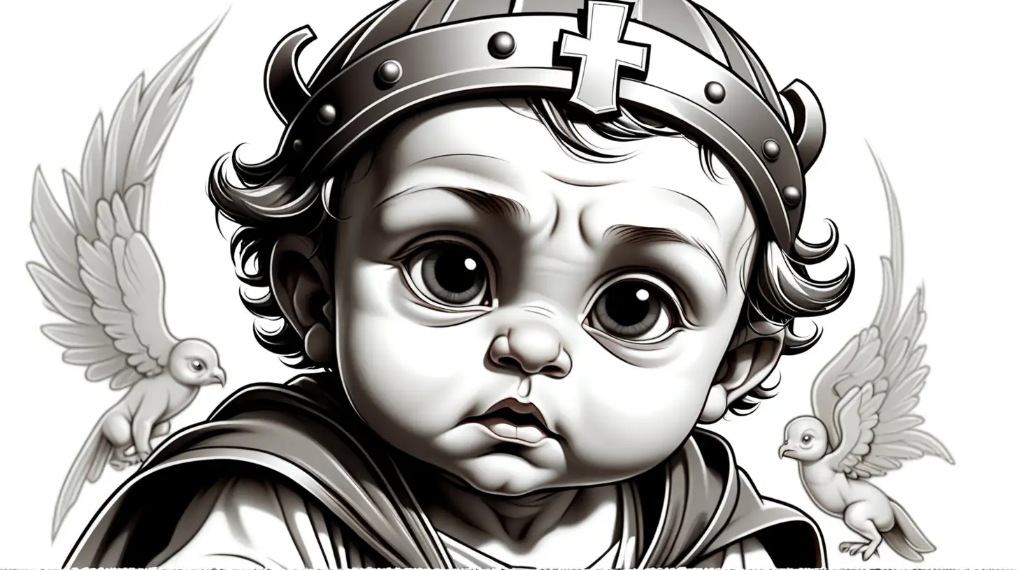Cherubic Infant in the Middle Ages Exquisite Black Ink Art