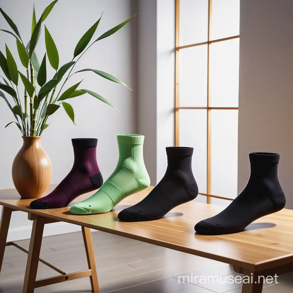 Create an impressive visual of bamboo sock models elegantly arranged on a sleek table. Reflect the essence of comfort and sustainability using camera angles, lighting, and shadow effects, without the need for labels or text