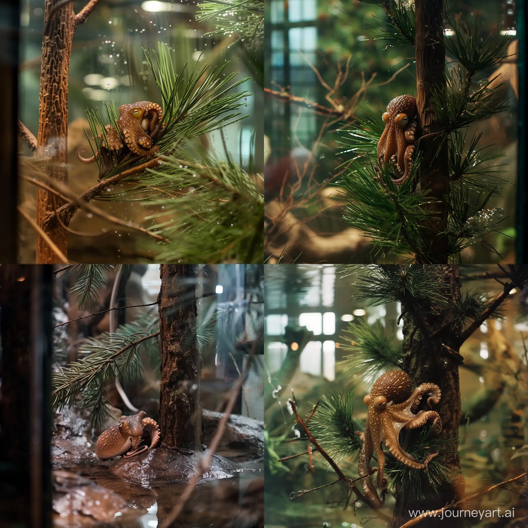 detailed crisp photo of a small wet brown octopus hiding in a pine tree in a zoo terrarium, indoors, professional camera, canon camera, documentary, reflections from glass panel visible, wide shot, dim lighting