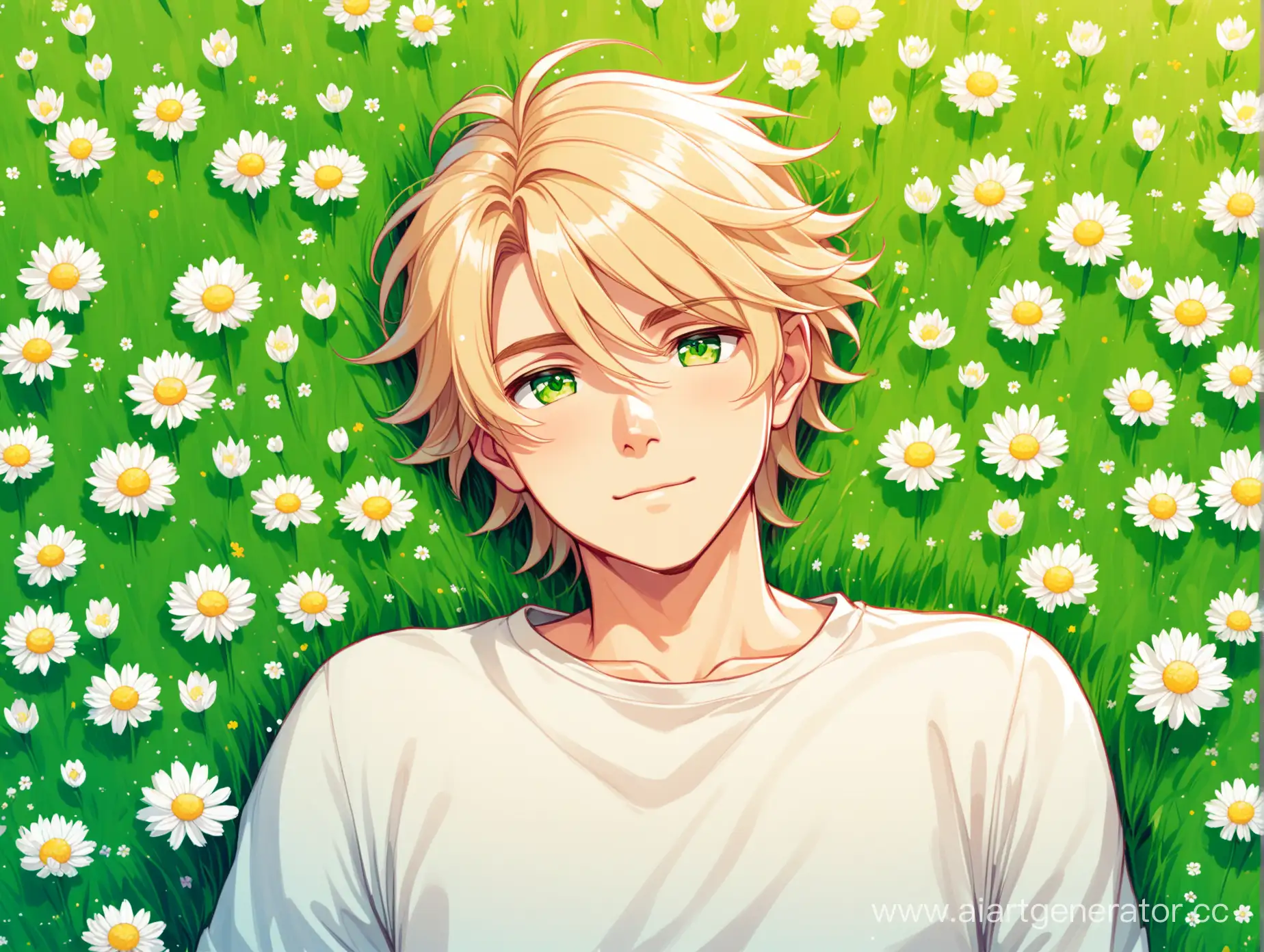 парень с волосами цвета льна в полный рост, лежа на поле, зеленые глаза, весна, цветы, стиль мульт